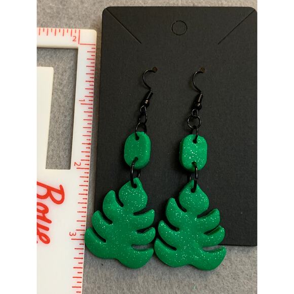 Monstera Leaf Statement Earrings -Handmade Polymer Clay - Glitter - Picture 3 of 5